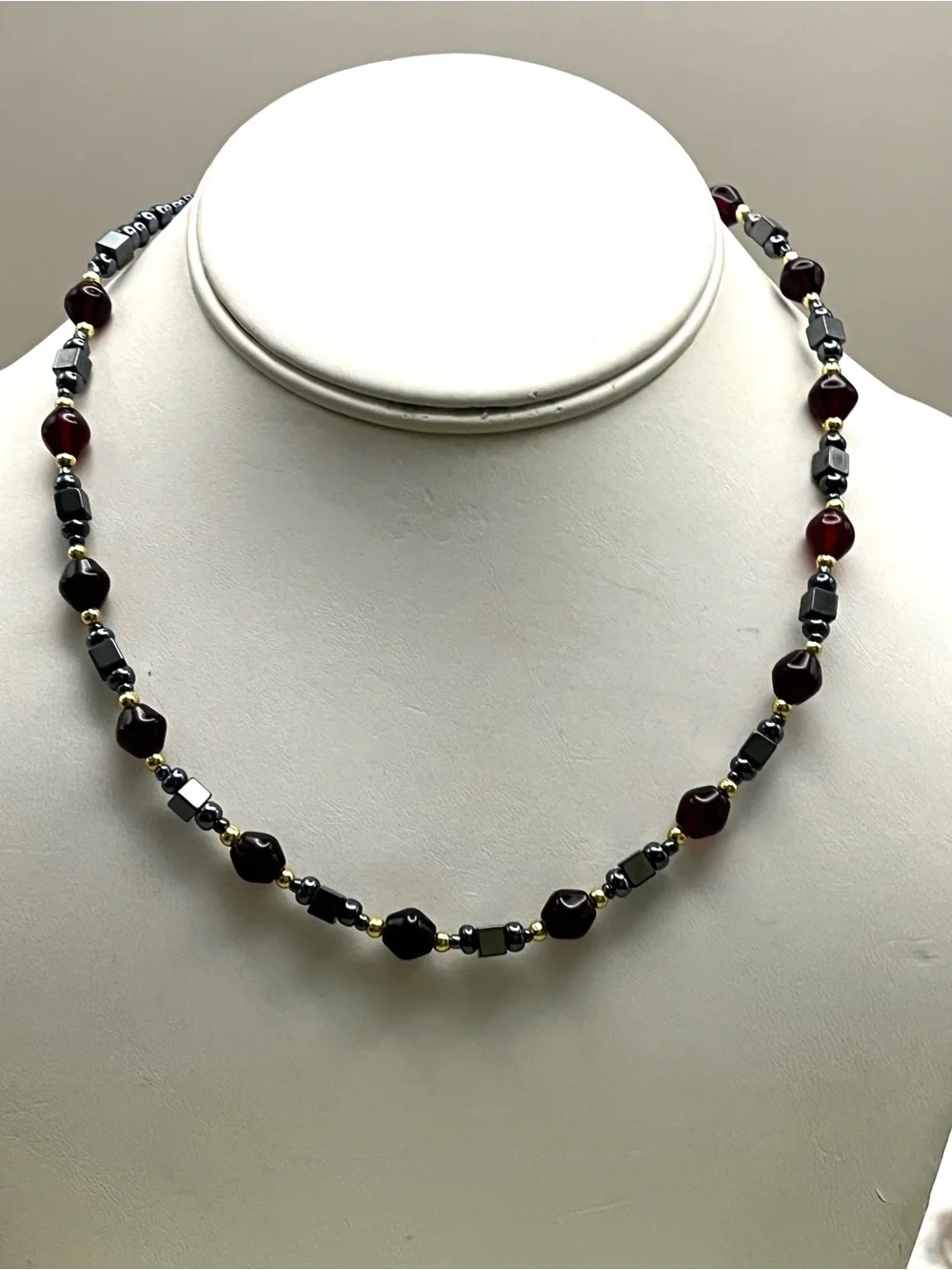 Vintage Hematite GarnetRed Glass Beaded Choker Necklace Gold Accent Barrel Clasp